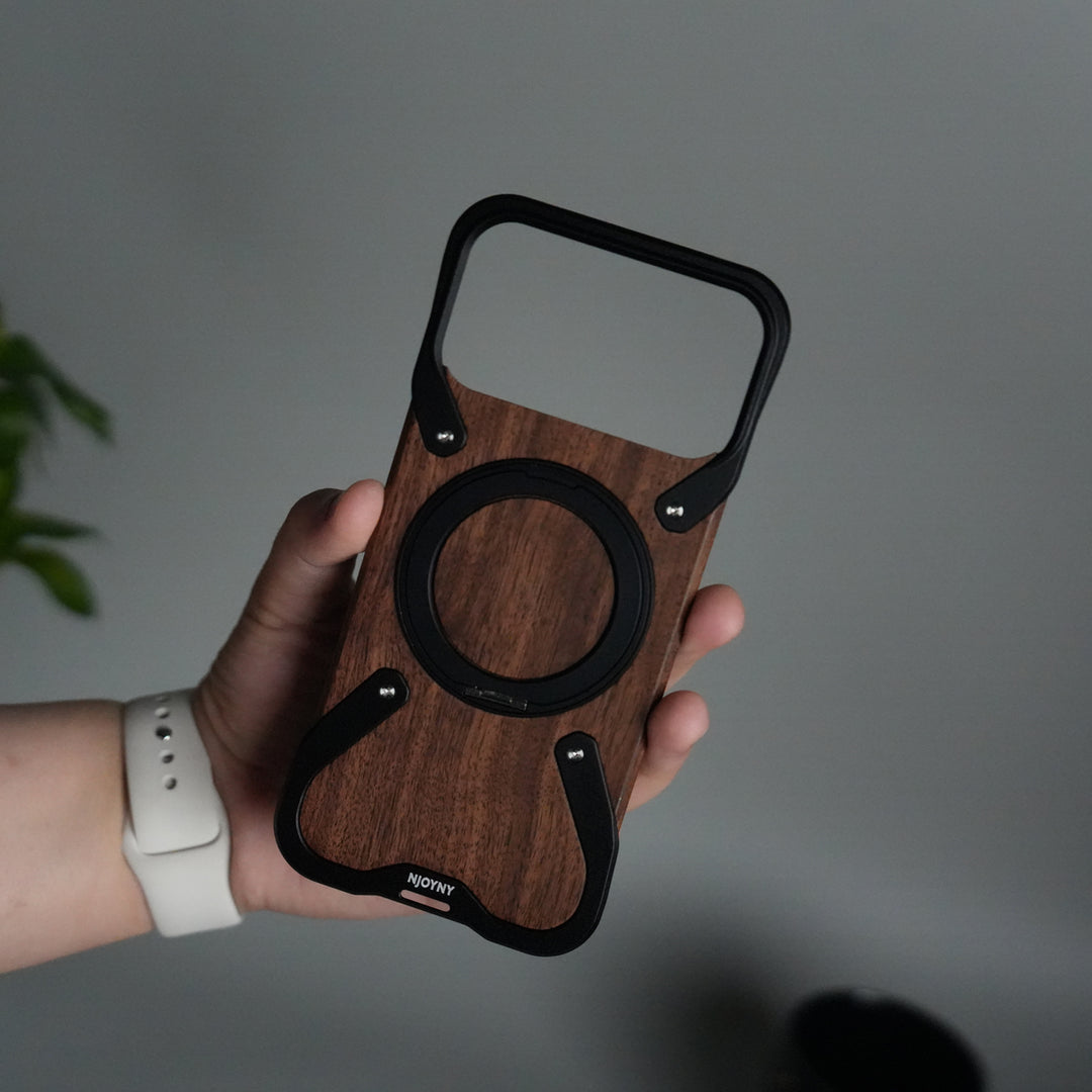 iPhone 17 Series Frameless Wooden Aluminium Case | Premium Metal Rotating Stand | Shockproof Luxury Wood Back Cover