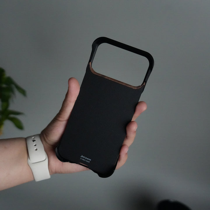 iPhone 17 Series Frameless Wooden Aluminium Case | Premium Metal Rotating Stand | Shockproof Luxury Wood Back Cover