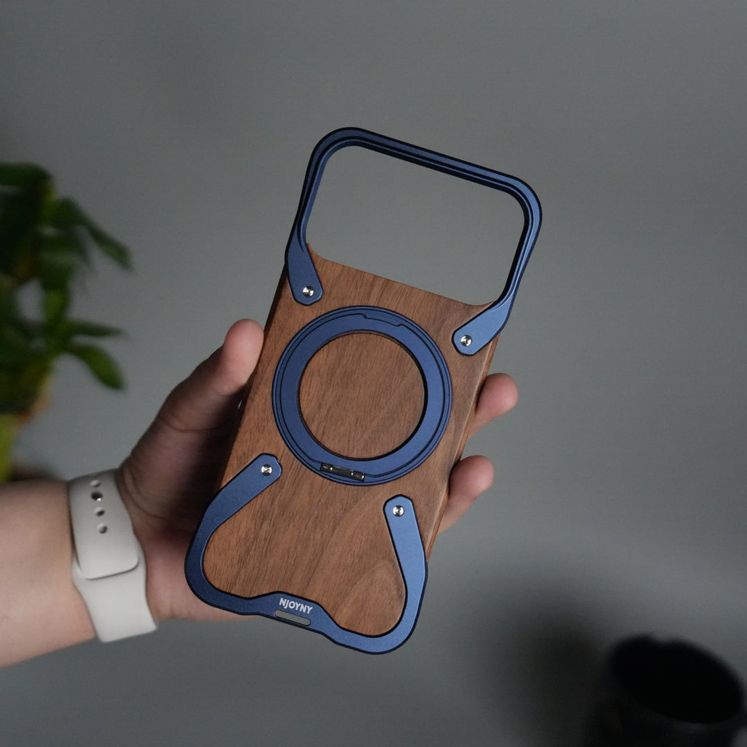 iPhone 17 Series Frameless Wooden Aluminium Case | Premium Metal Rotating Stand | Shockproof Luxury Wood Back Cover