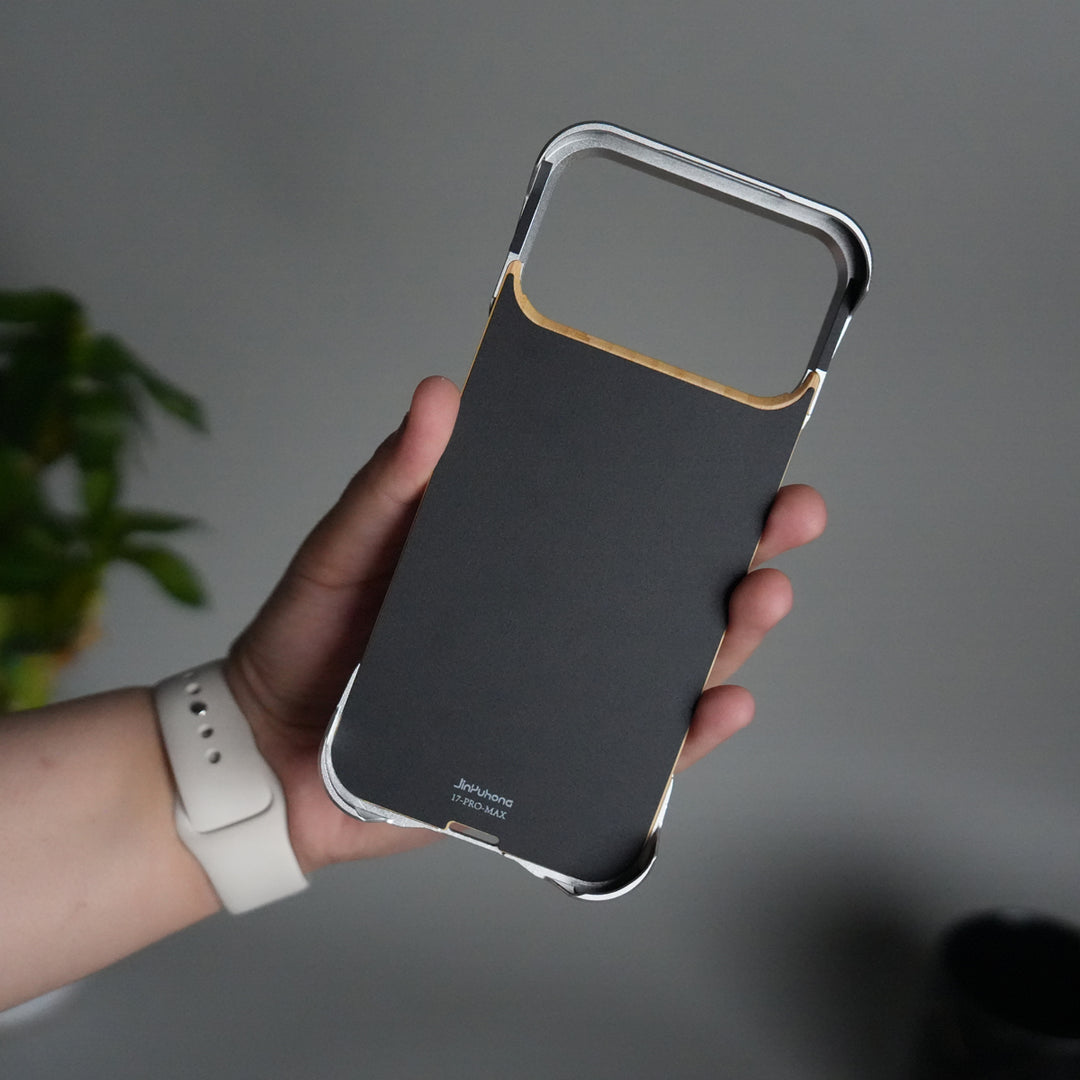iPhone 17 Series Frameless Wooden Aluminium Case | Premium Metal Rotating Stand | Shockproof Luxury Wood Back Cover