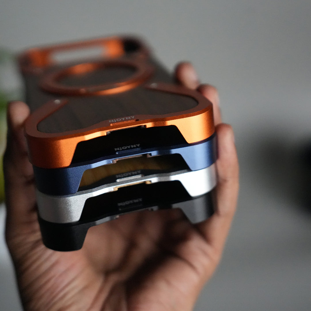 iPhone 17 Series Frameless Wooden Aluminium Case | Premium Metal Rotating Stand | Shockproof Luxury Wood Back Cover