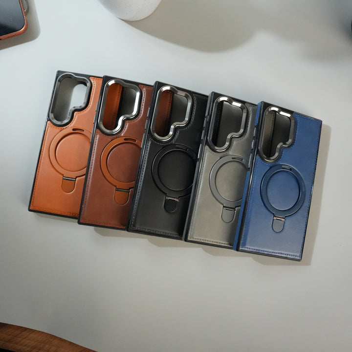 Galaxy S24 Ultra Premium PU Leather Case with Metal Kickstand | Metal Camera Bump | Luxury Shockproof Back Cover