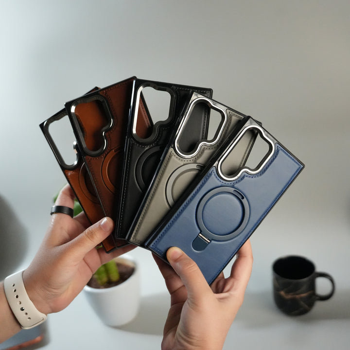 Galaxy S24 Ultra Premium PU Leather Case with Metal Kickstand | Metal Camera Bump | Luxury Shockproof Back Cover