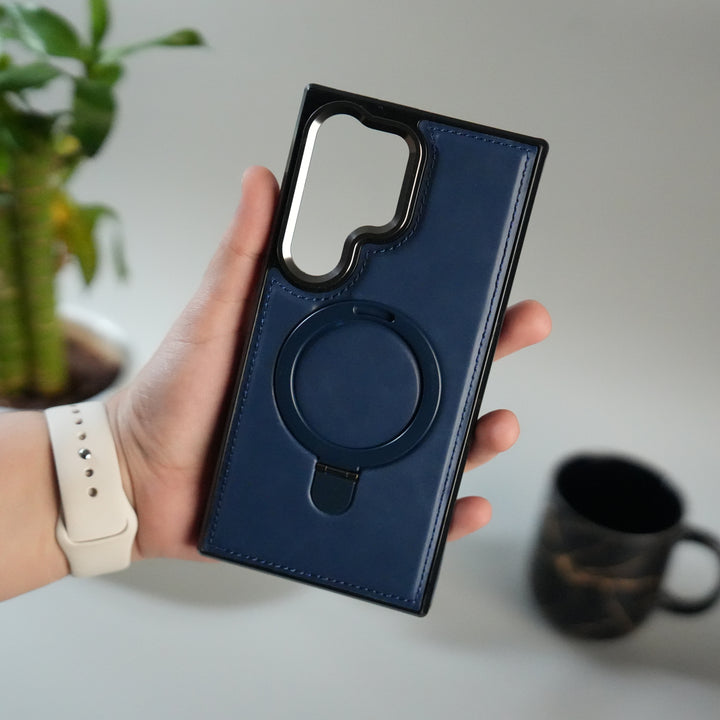 Galaxy S24 Ultra Premium PU Leather Case with Metal Kickstand | Metal Camera Bump | Luxury Shockproof Back Cover