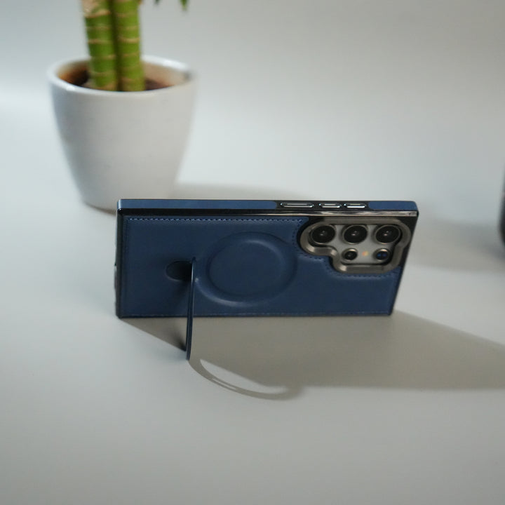 Galaxy S24 Ultra Premium PU Leather Case with Metal Kickstand | Metal Camera Bump | Luxury Shockproof Back Cover