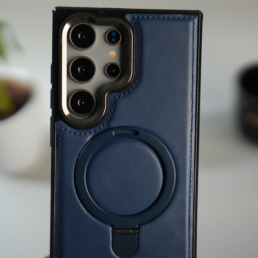 Galaxy S24 Ultra Premium PU Leather Case with Metal Kickstand | Metal Camera Bump | Luxury Shockproof Back Cover