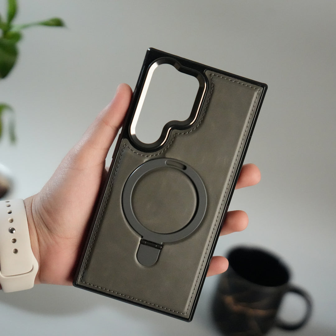 Galaxy S24 Ultra Premium PU Leather Case with Metal Kickstand | Metal Camera Bump | Luxury Shockproof Back Cover