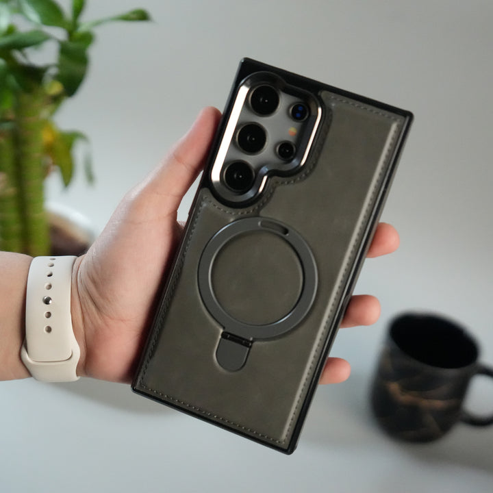 Galaxy S24 Ultra Premium PU Leather Case with Metal Kickstand | Metal Camera Bump | Luxury Shockproof Back Cover