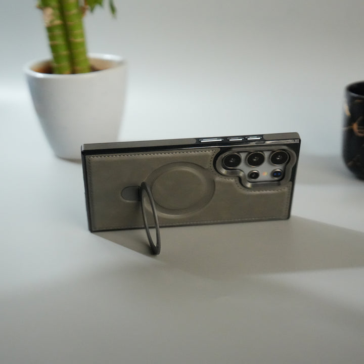 Galaxy S24 Ultra Premium PU Leather Case with Metal Kickstand | Metal Camera Bump | Luxury Shockproof Back Cover