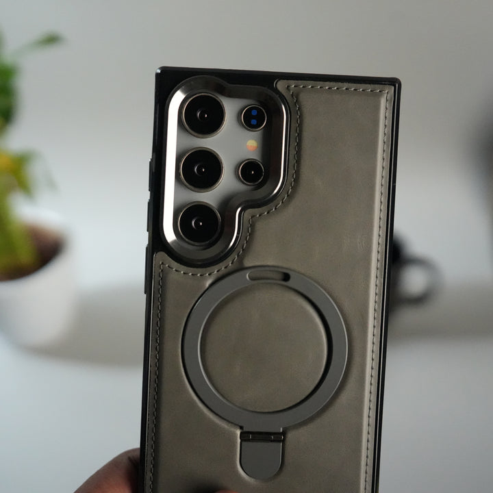 Galaxy S24 Ultra Premium PU Leather Case with Metal Kickstand | Metal Camera Bump | Luxury Shockproof Back Cover