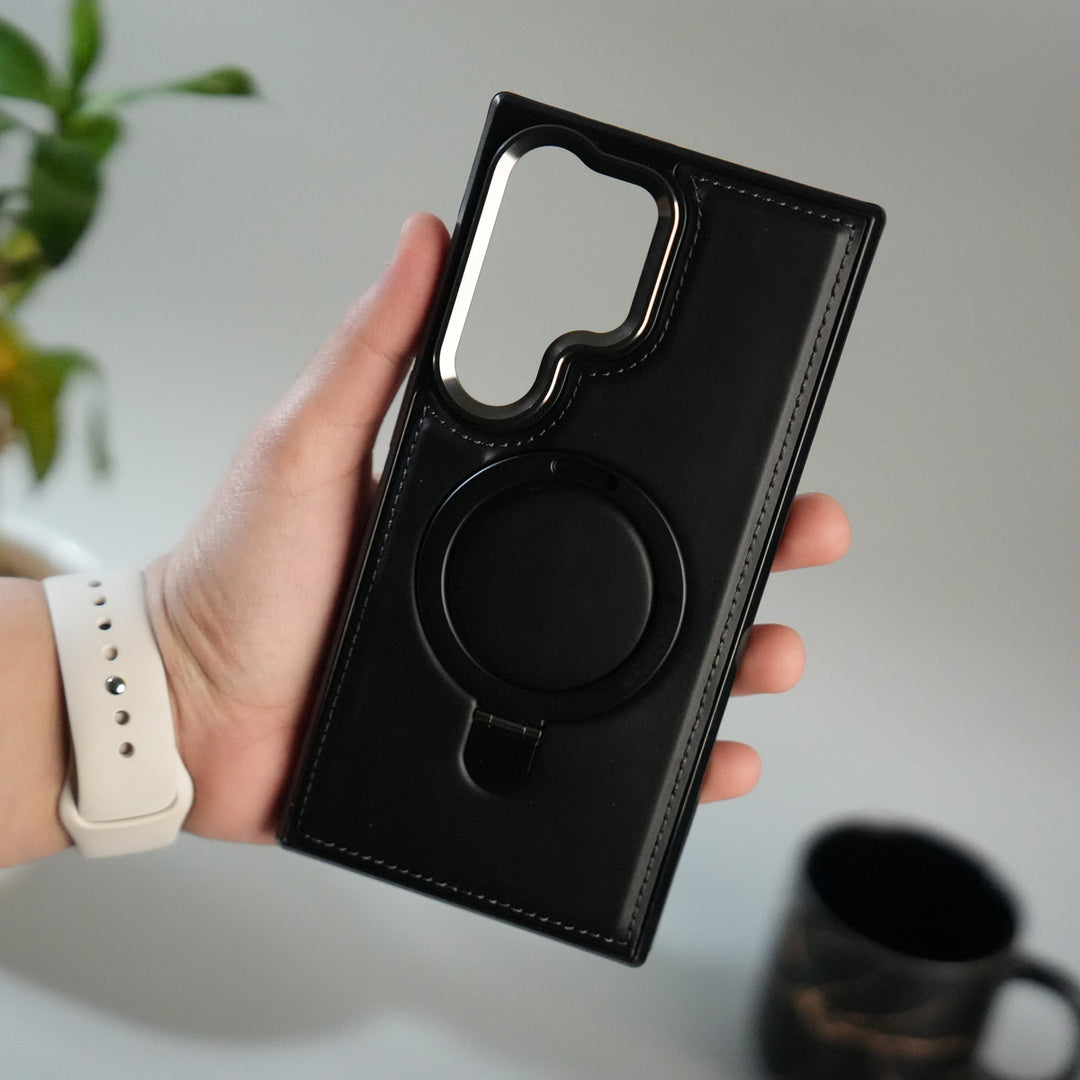 Galaxy S24 Ultra Premium PU Leather Case with Metal Kickstand | Metal Camera Bump | Luxury Shockproof Back Cover