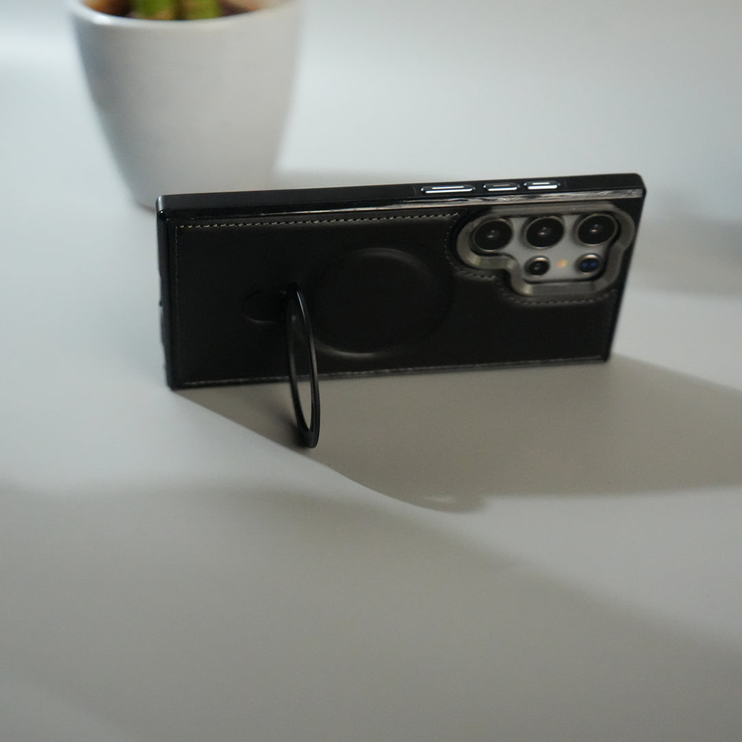 Galaxy S24 Ultra Premium PU Leather Case with Metal Kickstand | Metal Camera Bump | Luxury Shockproof Back Cover