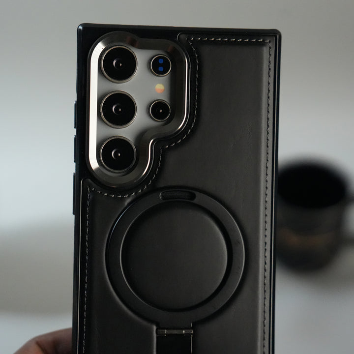 Galaxy S24 Ultra Premium PU Leather Case with Metal Kickstand | Metal Camera Bump | Luxury Shockproof Back Cover