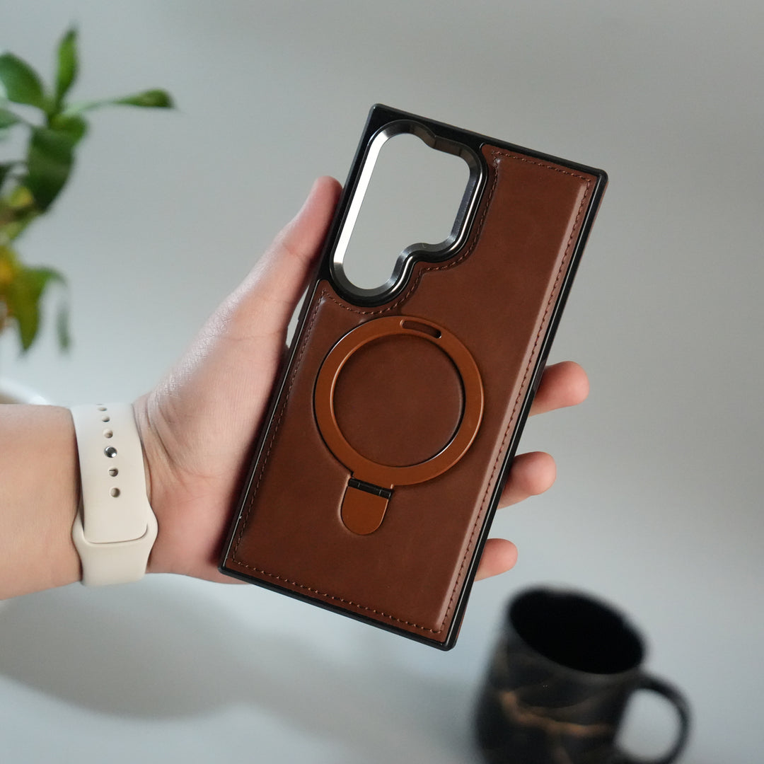 Galaxy S24 Ultra Premium PU Leather Case with Metal Kickstand | Metal Camera Bump | Luxury Shockproof Back Cover