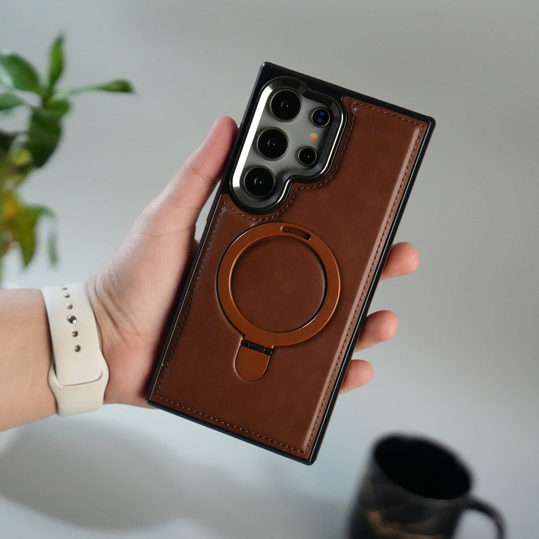 Galaxy S24 Ultra Premium PU Leather Case with Metal Kickstand | Metal Camera Bump | Luxury Shockproof Back Cover