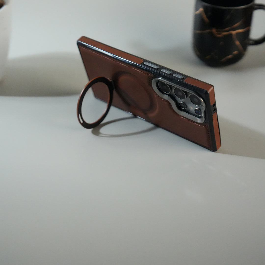 Galaxy S24 Ultra Premium PU Leather Case with Metal Kickstand | Metal Camera Bump | Luxury Shockproof Back Cover