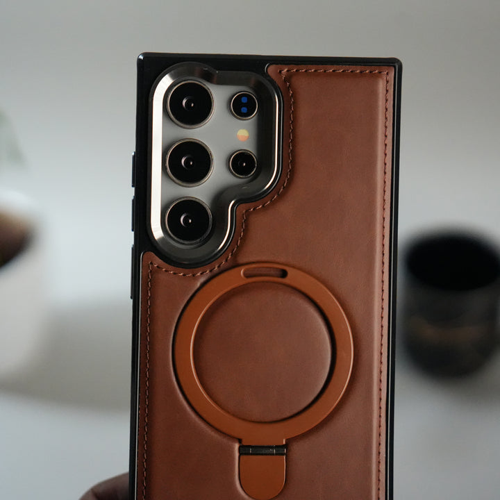 Galaxy S24 Ultra Premium PU Leather Case with Metal Kickstand | Metal Camera Bump | Luxury Shockproof Back Cover