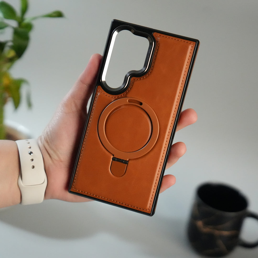 Galaxy S24 Ultra Premium PU Leather Case with Metal Kickstand | Metal Camera Bump | Luxury Shockproof Back Cover