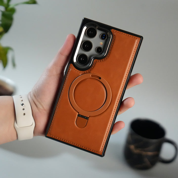 Galaxy S24 Ultra Premium PU Leather Case with Metal Kickstand | Metal Camera Bump | Luxury Shockproof Back Cover