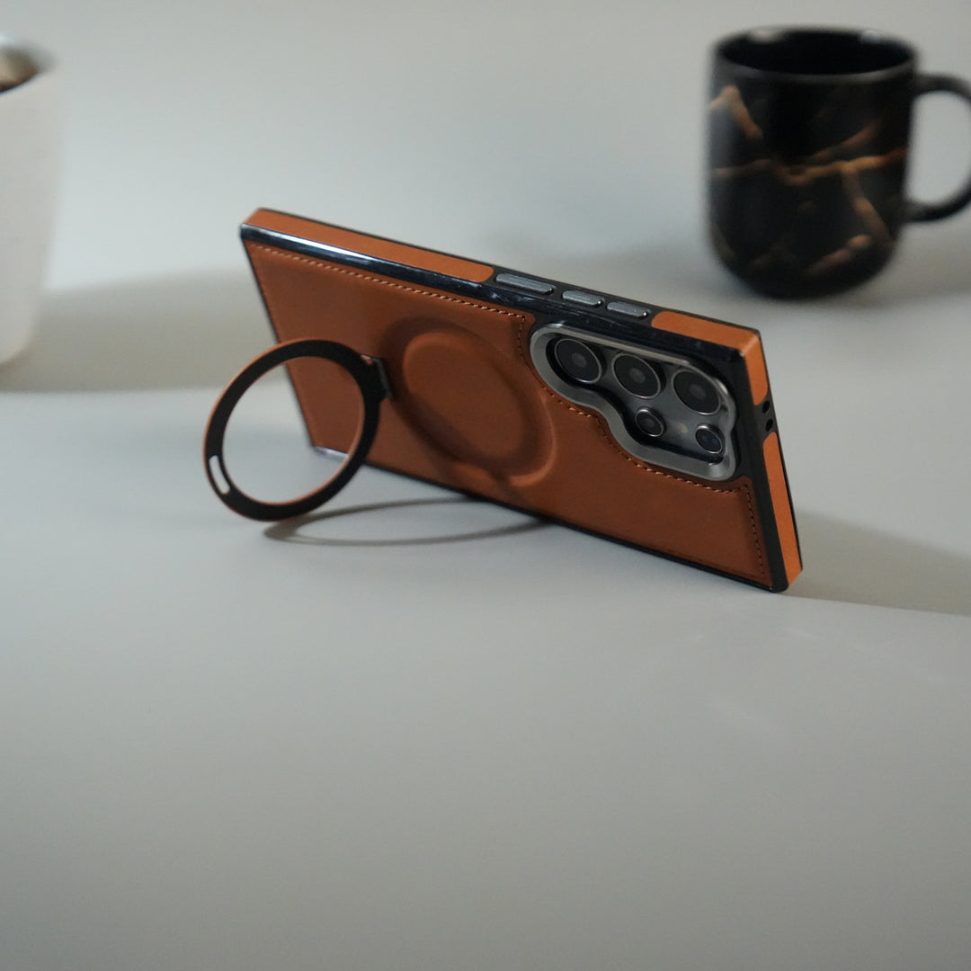 Galaxy S24 Ultra Premium PU Leather Case with Metal Kickstand | Metal Camera Bump | Luxury Shockproof Back Cover