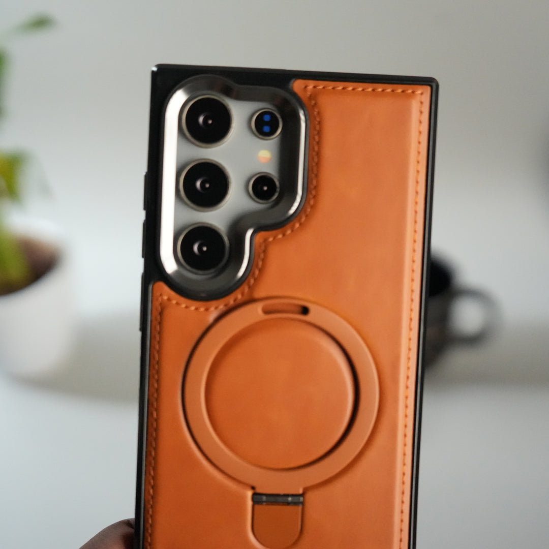 Galaxy S24 Ultra Premium PU Leather Case with Metal Kickstand | Metal Camera Bump | Luxury Shockproof Back Cover