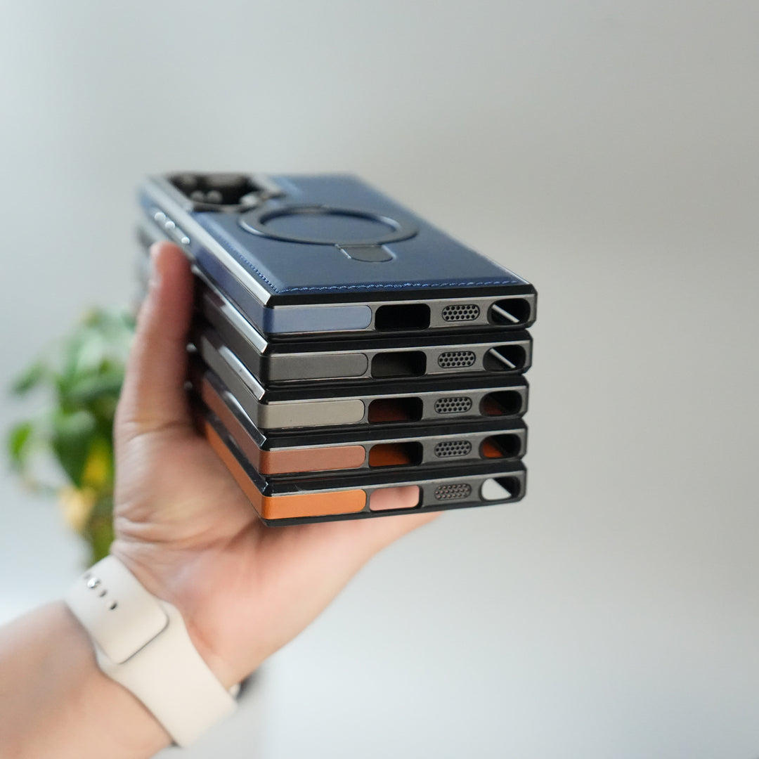 Galaxy S24 Ultra Premium PU Leather Case with Metal Kickstand | Metal Camera Bump | Luxury Shockproof Back Cover