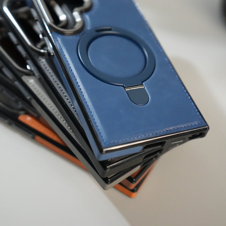 Galaxy S24 Ultra Premium PU Leather Case with Metal Kickstand | Metal Camera Bump | Luxury Shockproof Back Cover
