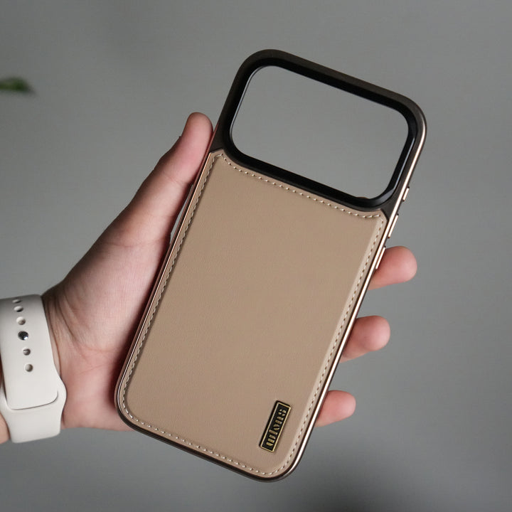 iPhone 17 Pro Max Premium Leather Back Case with Metal Kickstand And camera Bump Cover