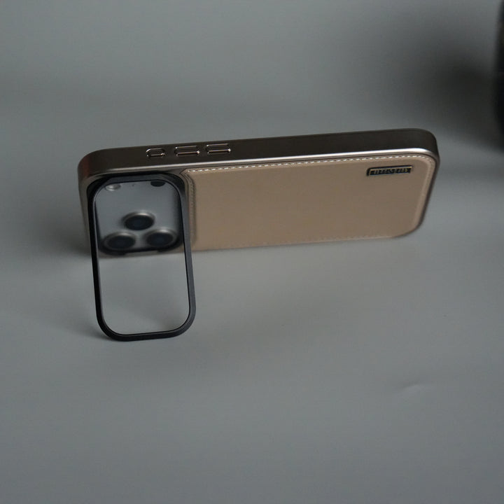 iPhone 17 Pro Max Premium Leather Back Case with Metal Kickstand And camera Bump Cover