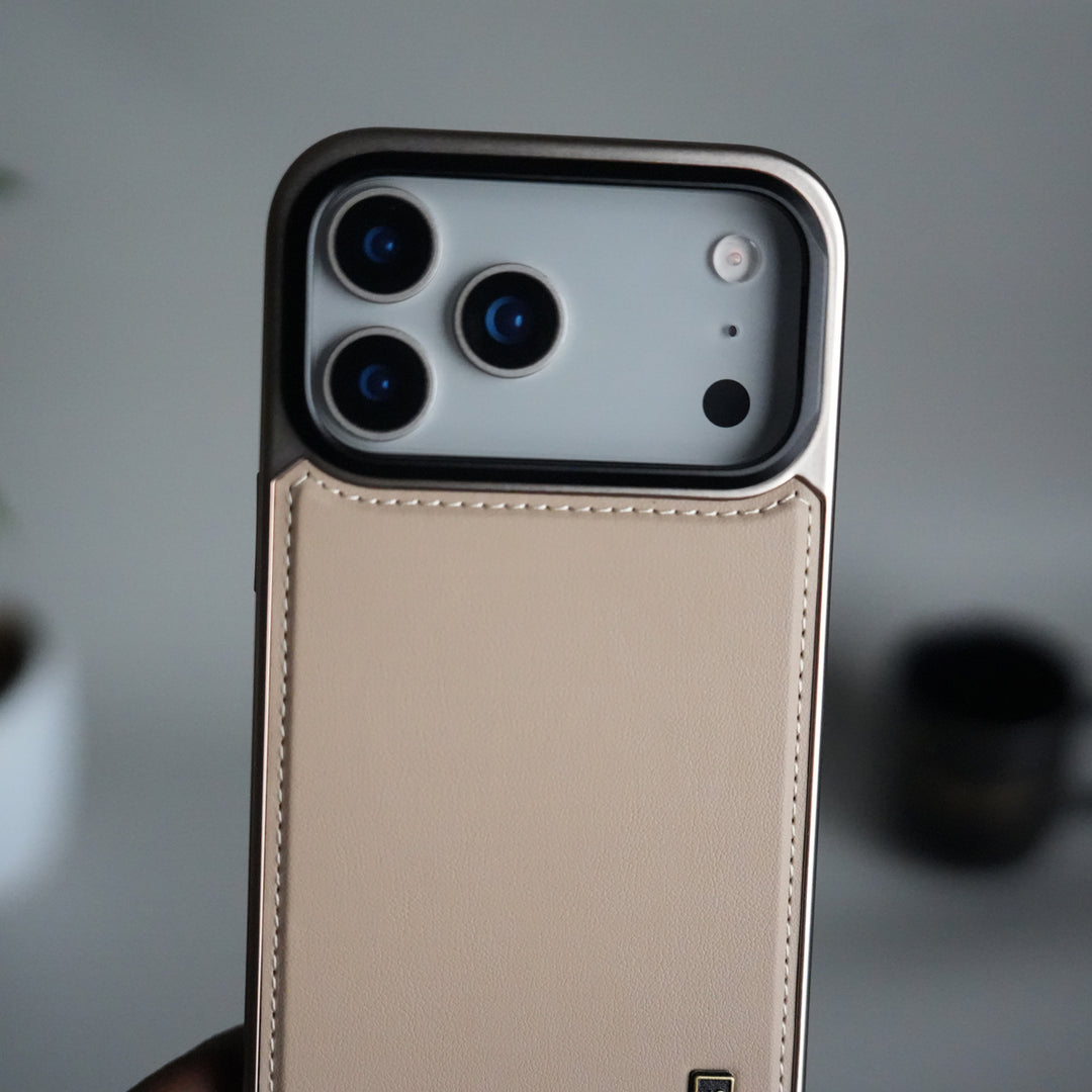 iPhone 17 Pro Max Premium Leather Back Case with Metal Kickstand And camera Bump Cover