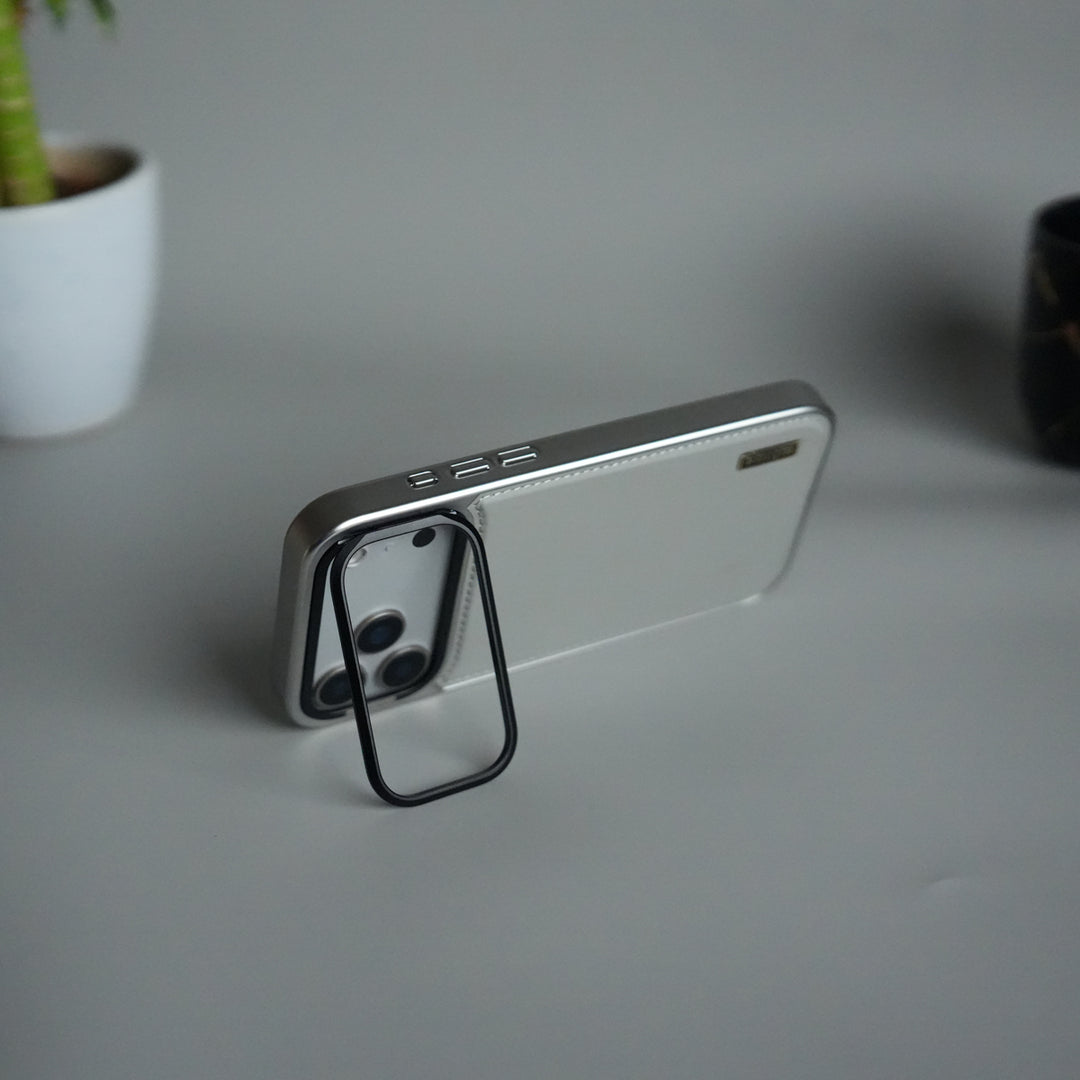 iPhone 17 Pro Max Premium Leather Back Case with Metal Kickstand And camera Bump Cover