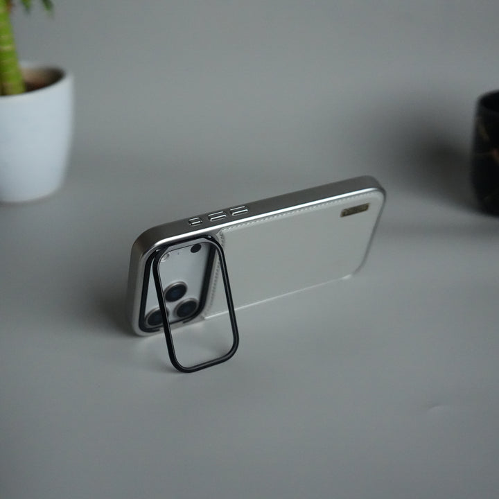 iPhone 17 Pro Max Premium Leather Back Case with Metal Kickstand And camera Bump Cover