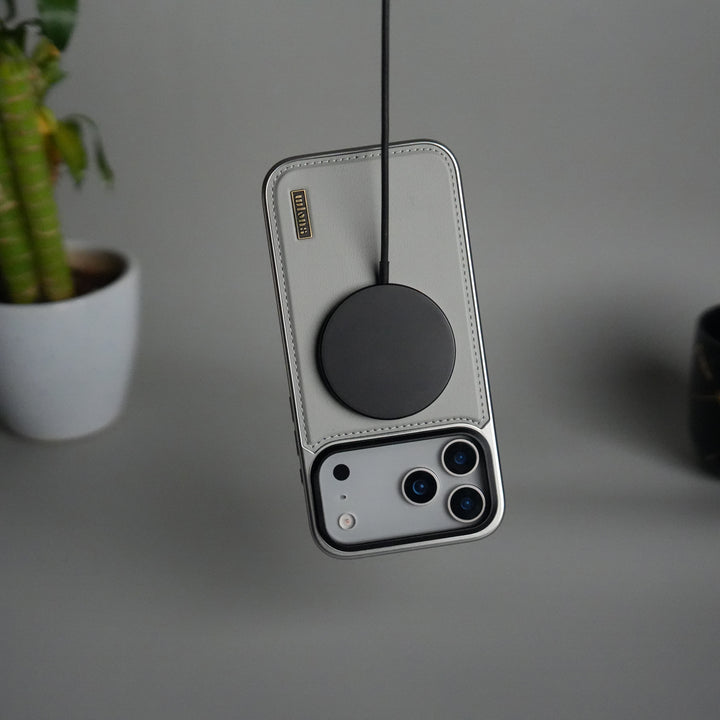 iPhone 17 Pro Max Premium Leather Back Case with Metal Kickstand And camera Bump Cover