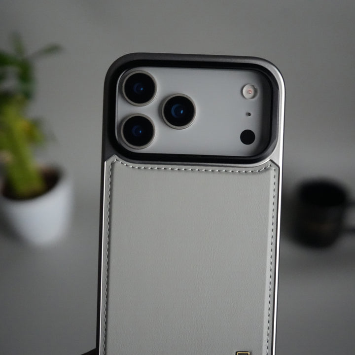 iPhone 17 Pro Max Premium Leather Back Case with Metal Kickstand And camera Bump Cover