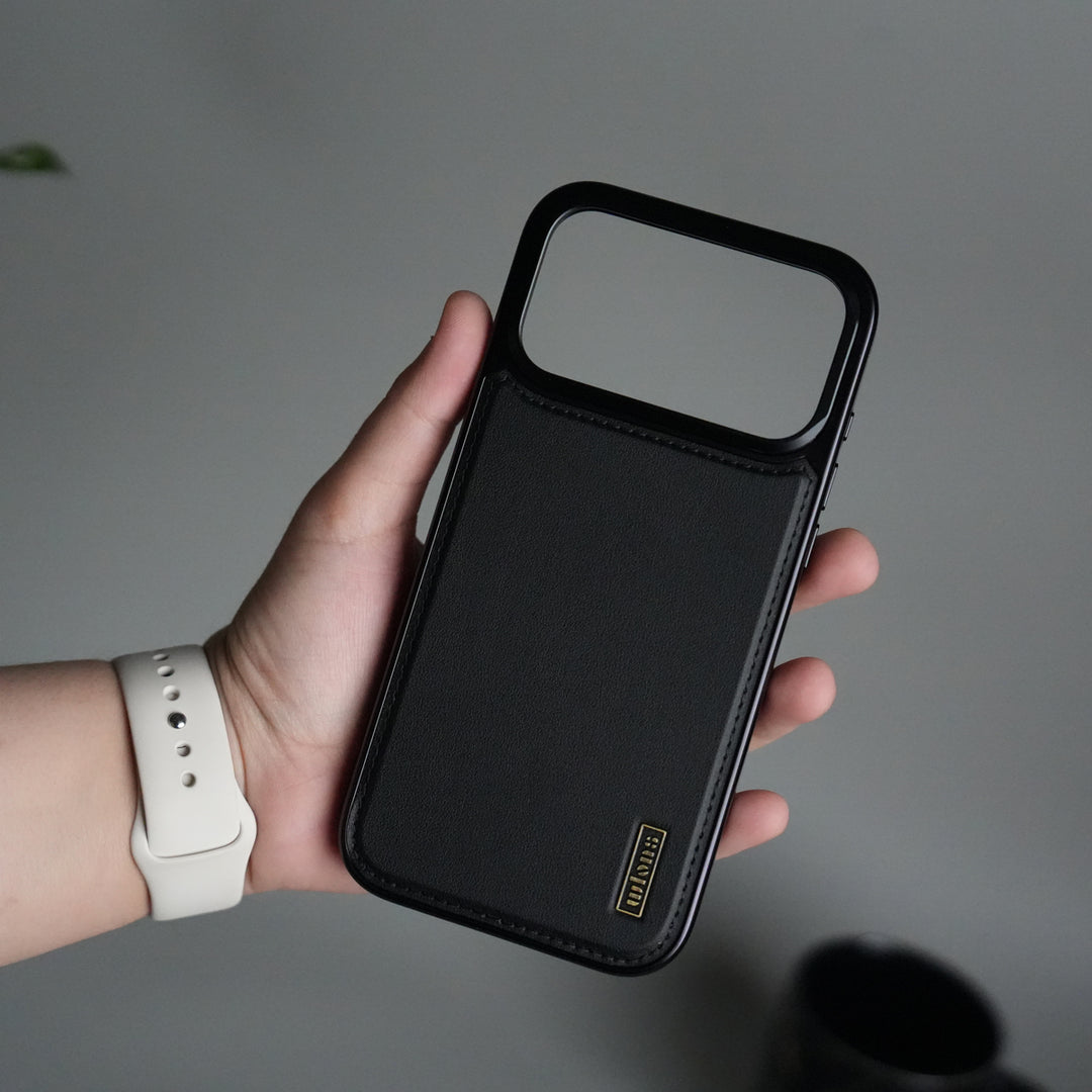 iPhone 17 Pro Max Premium Leather Back Case with Metal Kickstand And camera Bump Cover