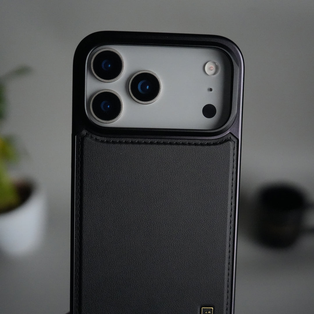 iPhone 17 Pro Max Premium Leather Back Case with Metal Kickstand And camera Bump Cover