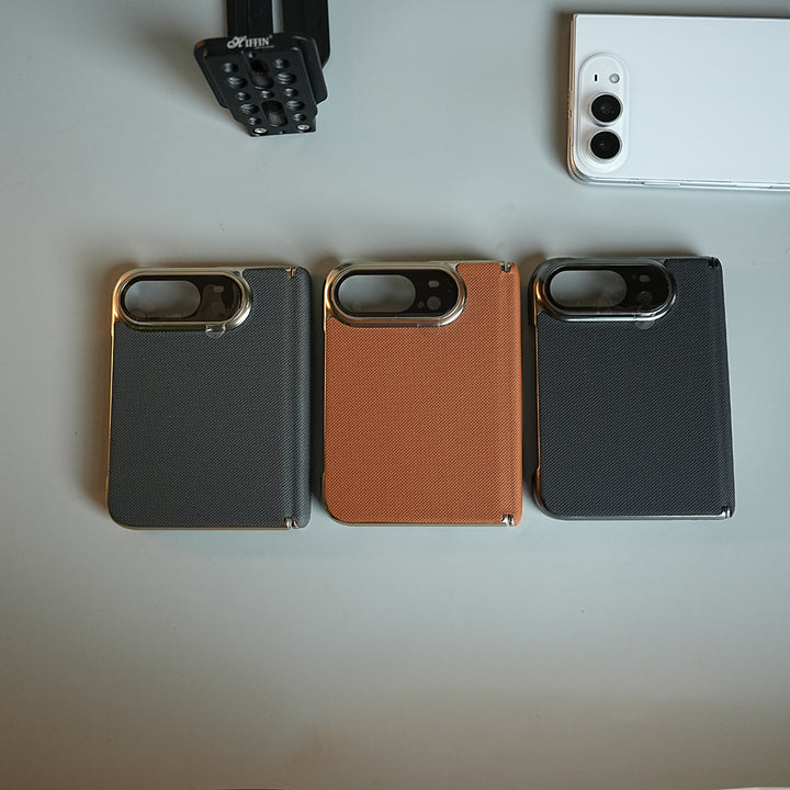 Premium Micro-Grid Textured Case for iPhone Duo with Chrome Finish, Camera Glass &amp; Hinge Protection