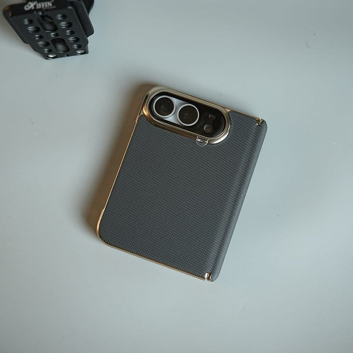 Premium Micro-Grid Textured Case for iPhone Duo with Chrome Finish, Camera Glass &amp; Hinge Protection