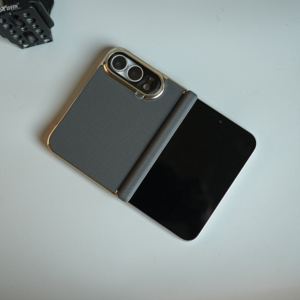 Premium Micro-Grid Textured Case for iPhone Duo with Chrome Finish, Camera Glass &amp; Hinge Protection