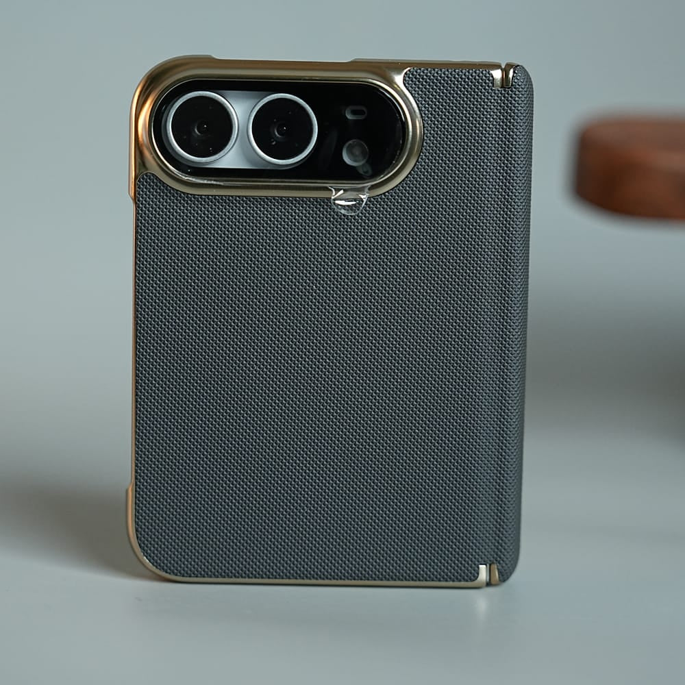 Premium Micro-Grid Textured Case for iPhone Duo with Chrome Finish, Camera Glass &amp; Hinge Protection