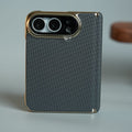 Premium Micro-Grid Textured Case for iPhone Duo with Chrome Finish, Camera Glass & Hinge Protection