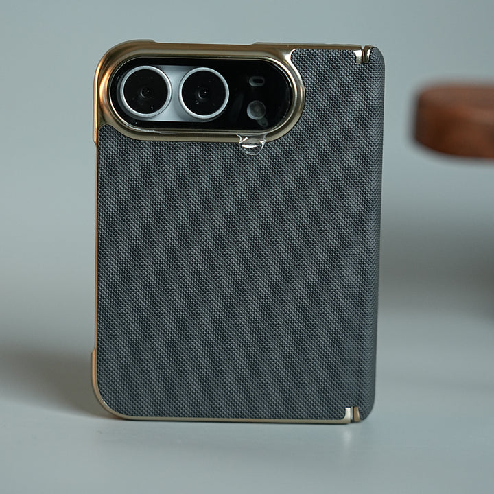 Premium Micro-Grid Textured Case for iPhone Duo with Chrome Finish, Camera Glass &amp; Hinge Protection