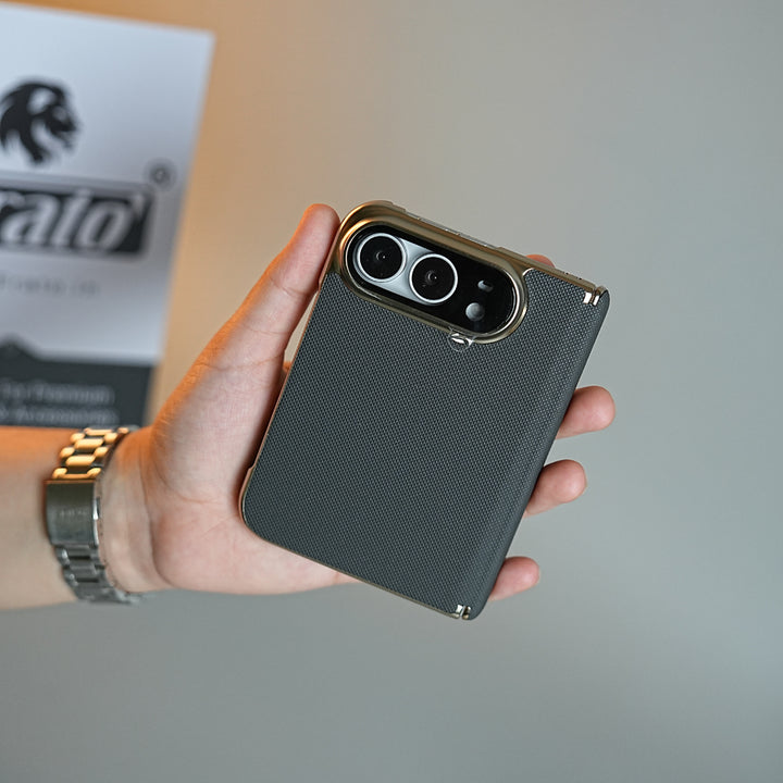 Premium Micro-Grid Textured Case for iPhone Duo with Chrome Finish, Camera Glass &amp; Hinge Protection