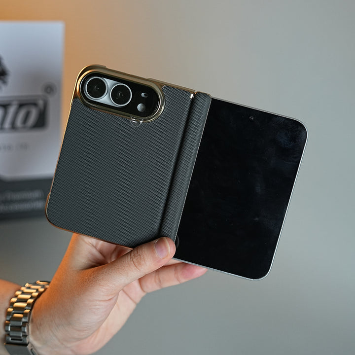 Premium Micro-Grid Textured Case for iPhone Duo with Chrome Finish, Camera Glass &amp; Hinge Protection