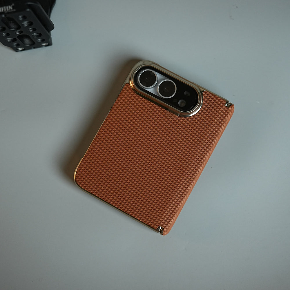 Premium Micro-Grid Textured Case for iPhone Duo with Chrome Finish, Camera Glass &amp; Hinge Protection