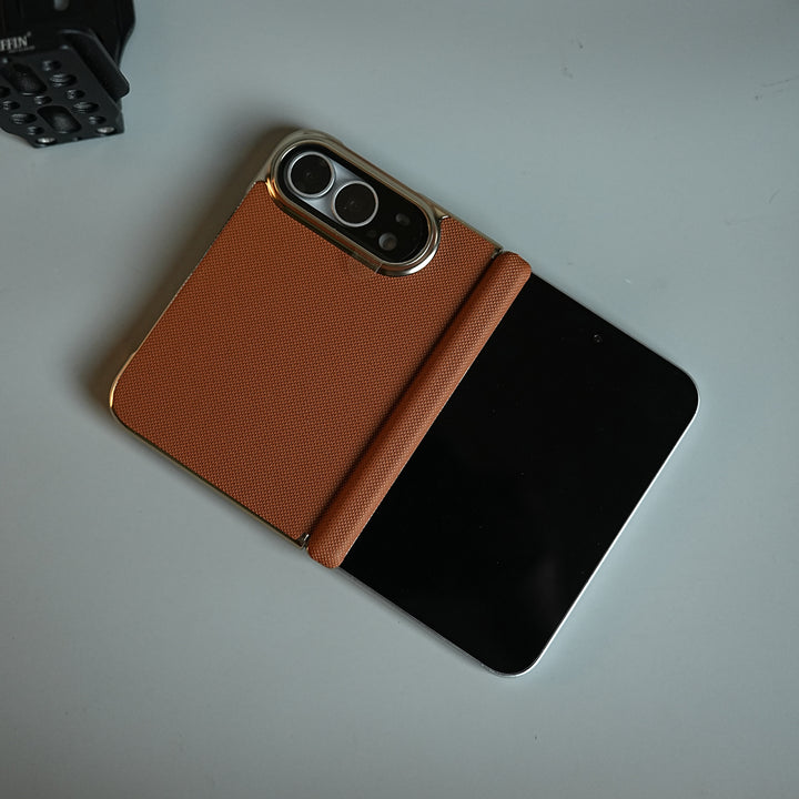 Premium Micro-Grid Textured Case for iPhone Duo with Chrome Finish, Camera Glass &amp; Hinge Protection