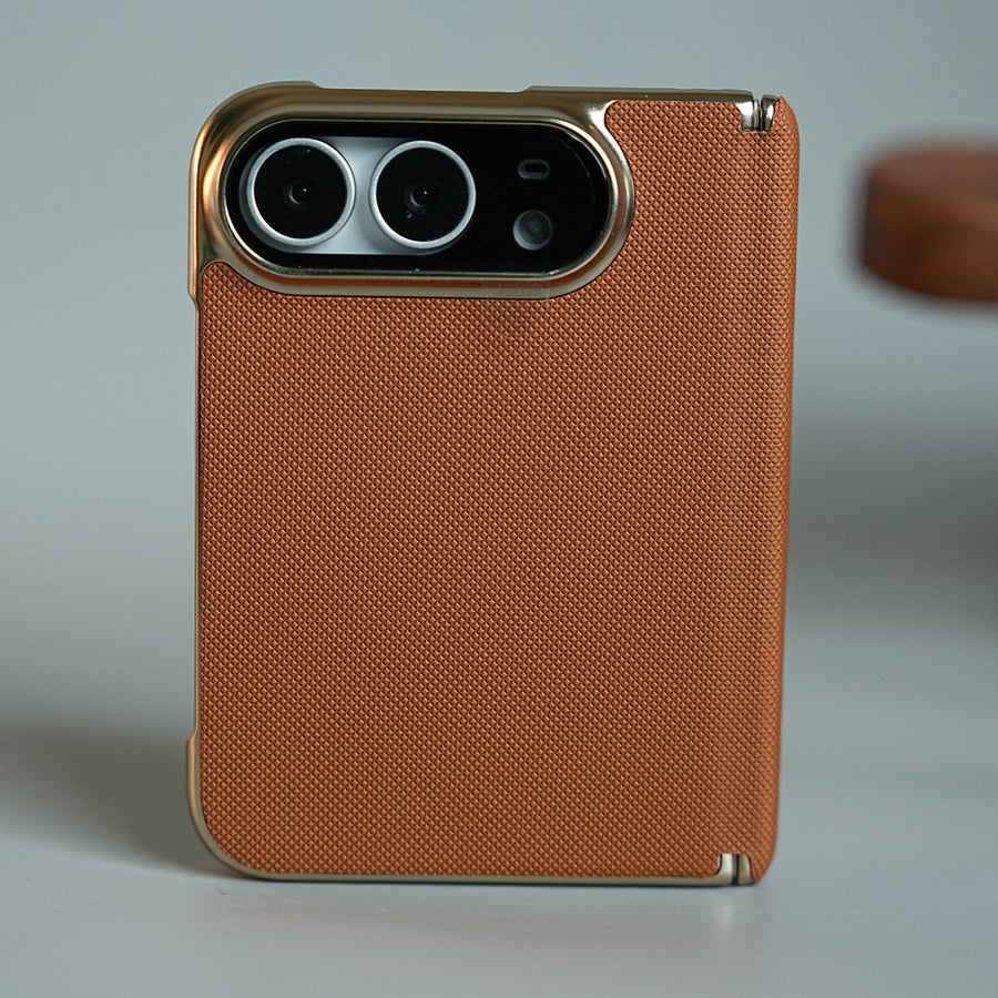 Premium Micro-Grid Textured Case for iPhone Duo with Chrome Finish, Camera Glass & Hinge Protection