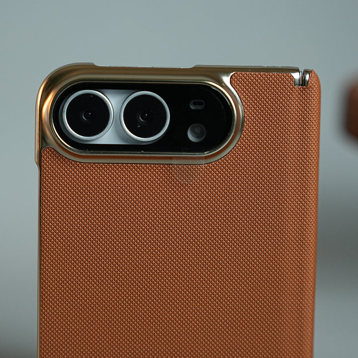 Premium Micro-Grid Textured Case for iPhone Duo with Chrome Finish, Camera Glass &amp; Hinge Protection