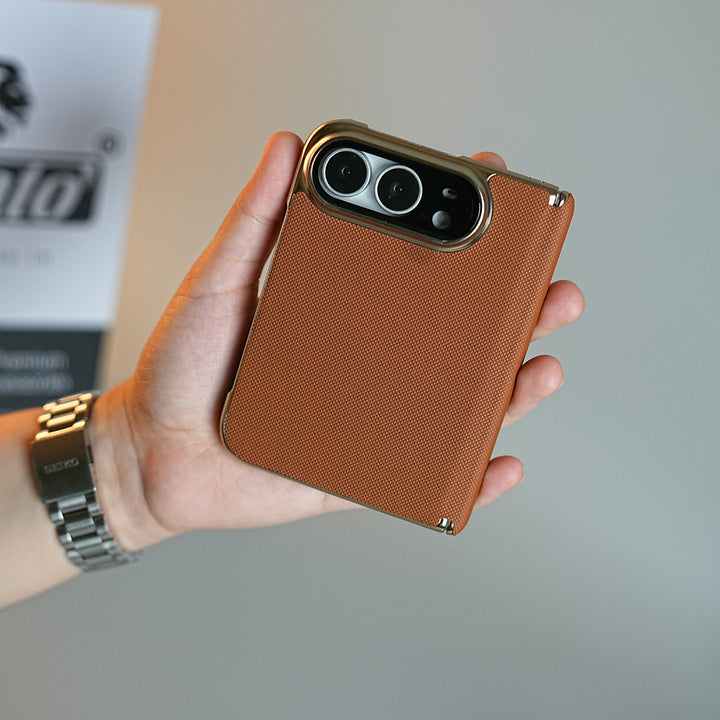 Premium Micro-Grid Textured Case for iPhone Duo with Chrome Finish, Camera Glass &amp; Hinge Protection