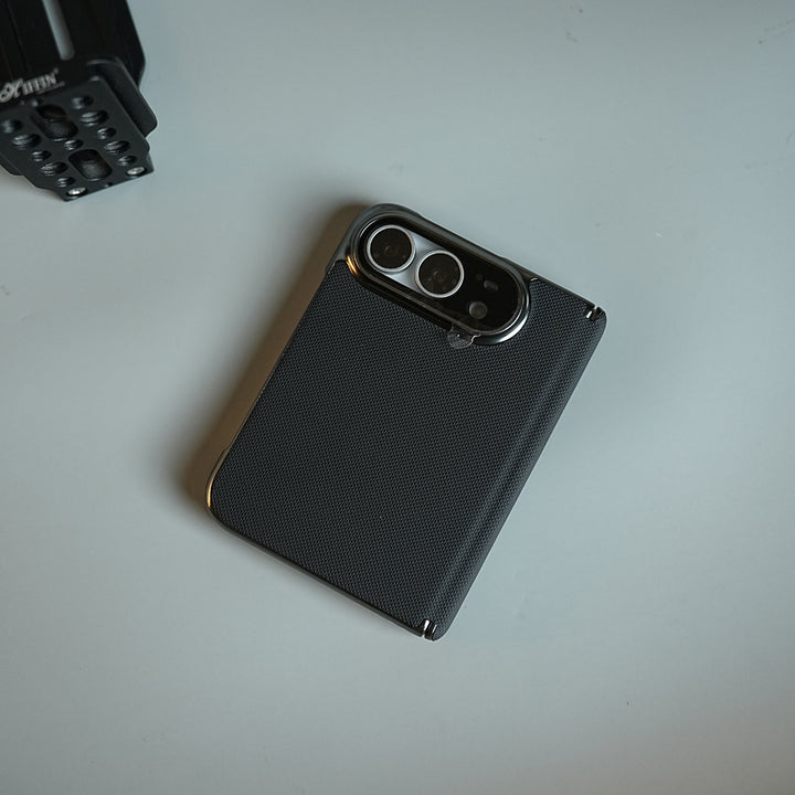 Premium Micro-Grid Textured Case for iPhone Duo with Chrome Finish, Camera Glass &amp; Hinge Protection